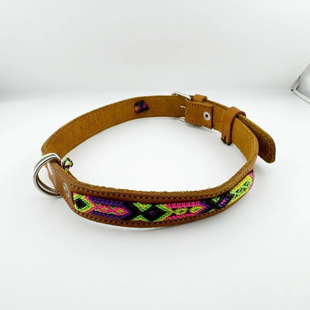 Genuine Leather Dog Collar‎ Woven Aztec Pattern Adjustable Metal Buckle D Ring
